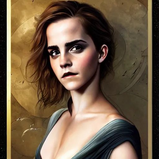 Image similar to portrait of emma watson in the style of gerald brom and mark brooks, cinematic lighting, epic, romantic, 8 k, detailed, coherent, beautiful