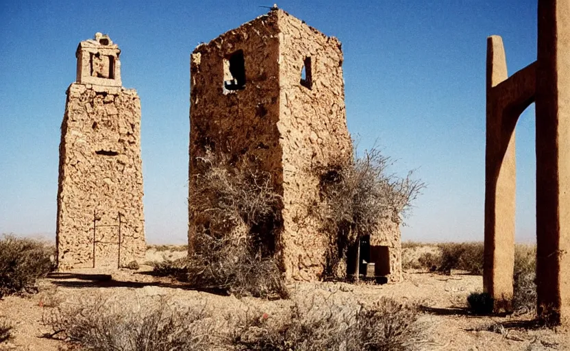 Image similar to movie still: in a desert, a ruined Mexican bell tower. In the foreground lies a bell, half-buried in the ground, by David Bailey, Cinestill 800t 50mm eastmancolor, heavy grainy picture, very detailed, high quality, 4k, HD criterion, precise texture