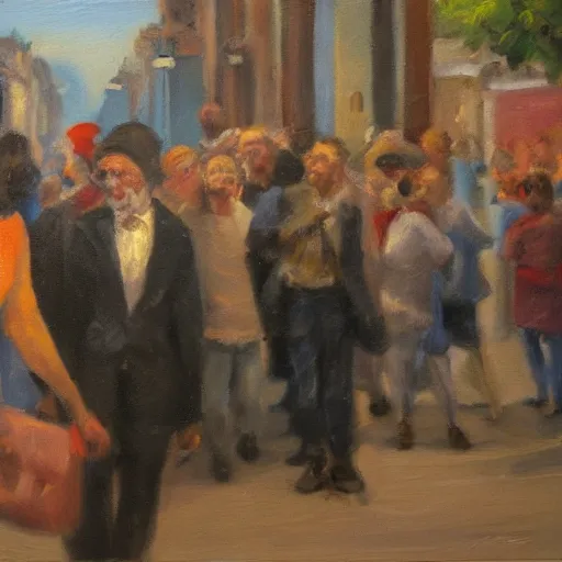 Prompt: lonely man in a happy crowd, oil painting