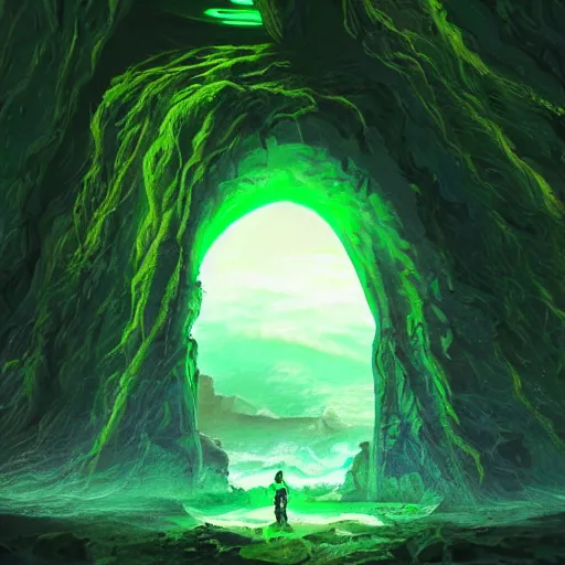 Prompt: a scary glowing green scifi portal to another world in darwin's arch in the galapagos islands, ocean and rock landscape, science fiction, intricate, elegant, highly detailed, digital painting, artstation, concept art, matte, sharp focus, illustration, in an anime style