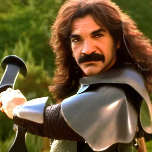 Image similar to inigo montoya swinging his sword photo realistic 4 k, extremely high quality