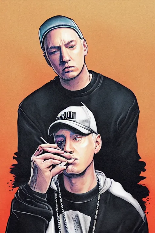Prompt: eminem is programmer and not a rapper, realistic, art by jacqueline e, color by tafy laplanche, background by bo feng lin