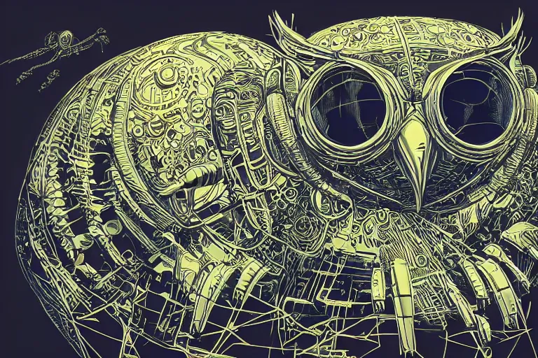 Prompt: a study of cell shaded of a neofuturistic very highly detailed ornate flying cyborg owl, Golden Ratio illustration golden ratio, post grunge portrait, character concept art by josan gonzalez, james jean, Mike Mignola, Laurie Greasley, highly detailed, sharp focus, alien, Artstation, deviantart, artgem