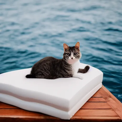 Image similar to a sadcat laying on a tiny bed in the middle of the ocean, canon eos r 3, f / 1. 4, iso 2 0 0, 1 / 1 6 0 s, 8 k, raw, unedited, symmetrical balance, in - frame