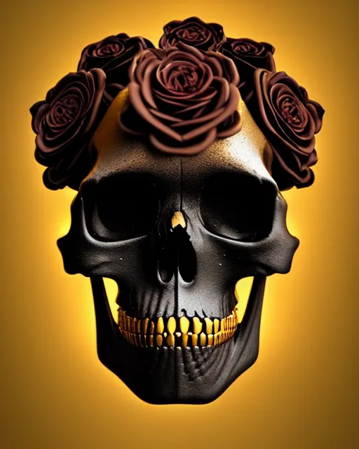 Image similar to detailed 3 d cycles render of a black dark skull skeleton with golden roses growing out of ribcage darkly elegant digital skull art by billelis and beeple