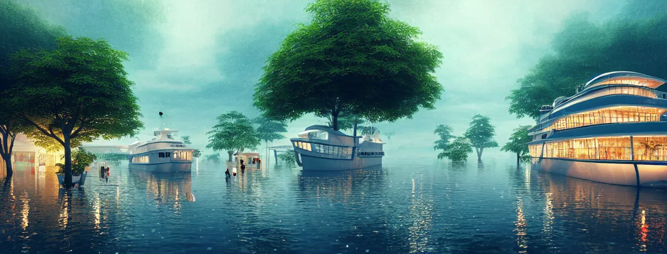 Image similar to cruising ship sailing at raining night at flooded miniature city, sun is on the rise on the town, cute style garden, octane render, trees, evergreen, patio, garden, wet atmosphere, tender, soft light misty yoshitaka amano, and artgerm