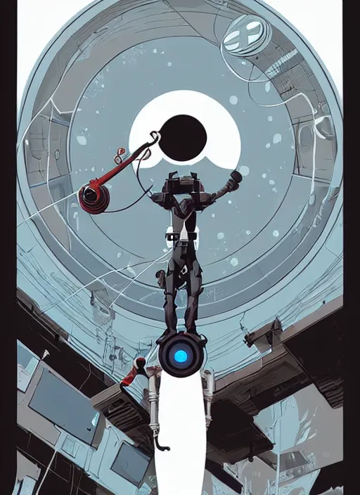 Image similar to poster artwork by Michael Whelan and Tomer Hanuka, Aperture Science, clean