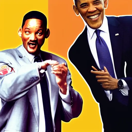 Image similar to will smith hitting obama with a flip - flop, in the style of gta cover art