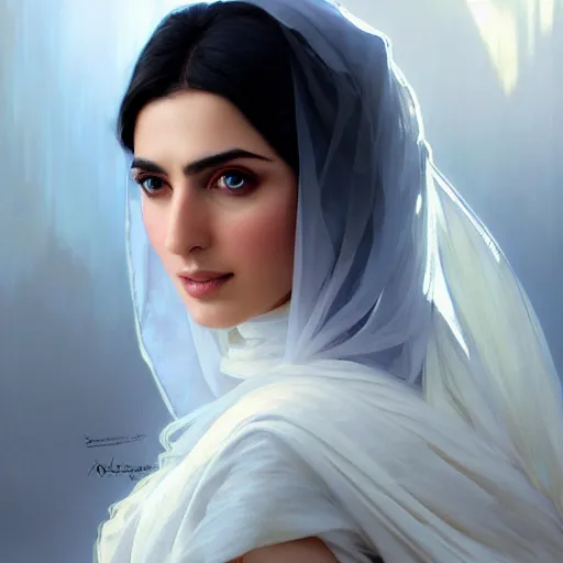 Prompt: a Photorealistic dramatic hyperrealistic,Crystal blue eyes arab ameera al taweel with black hair, white veil, elegant, calm, by WLOP,Artgerm,Greg Rutkowski,Alphonse Mucha, Beautiful dynamic,shadows,Artstation,concept design art,Octane render,8K