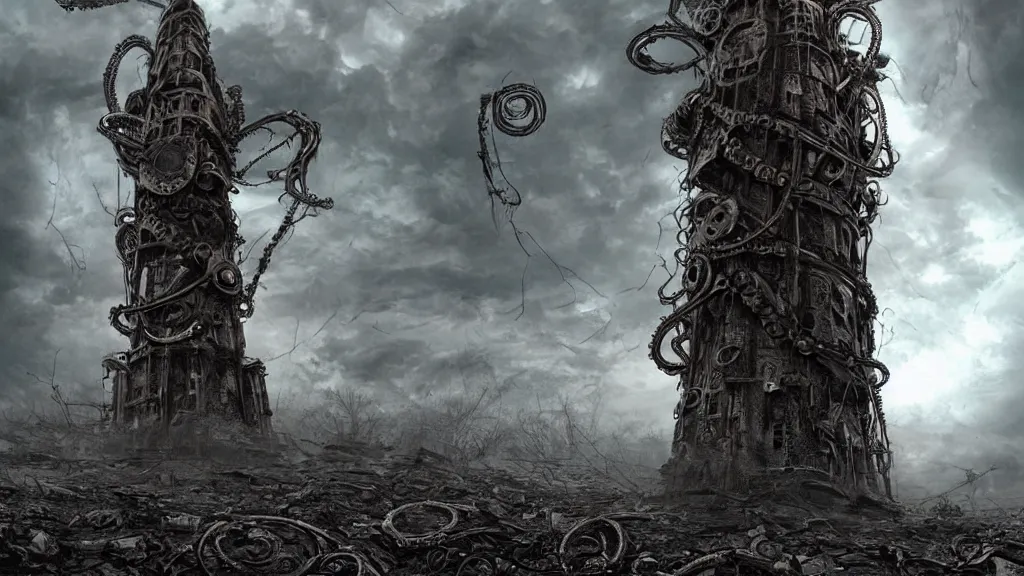 Prompt: A tower with an Eyeball at the top!!!, BioMechanical like Giger, with tentacles coming out, looking over a stormy post-apocalyptic wasteland, dystopian art, wide lens