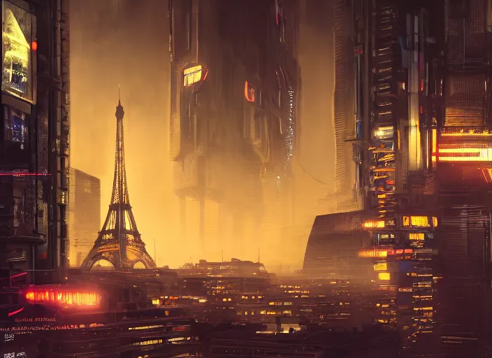 Image similar to cyberpunk scifi scene of paris at night, scifi drone, artstation, matt painting, very detailed, maximalism, ambient occlusion, volumetric light, atmospheric haze, unreal engine, hyper realism, realistic shading, cinematic composition, realistic render, octane render, detailed textures, photorealistic, wide shot