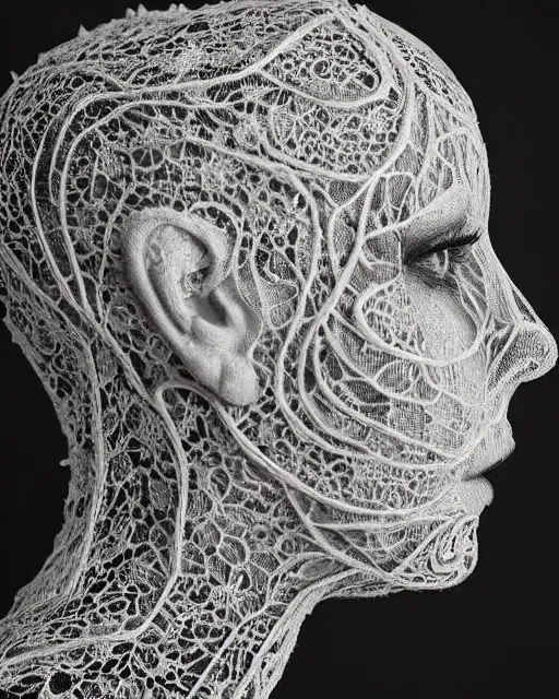 Image similar to a woman's face in profile, made of intricate decorative lace leaf skeleton, in the style of the dutch masters and gregory crewdson, dark and moody, depth of field