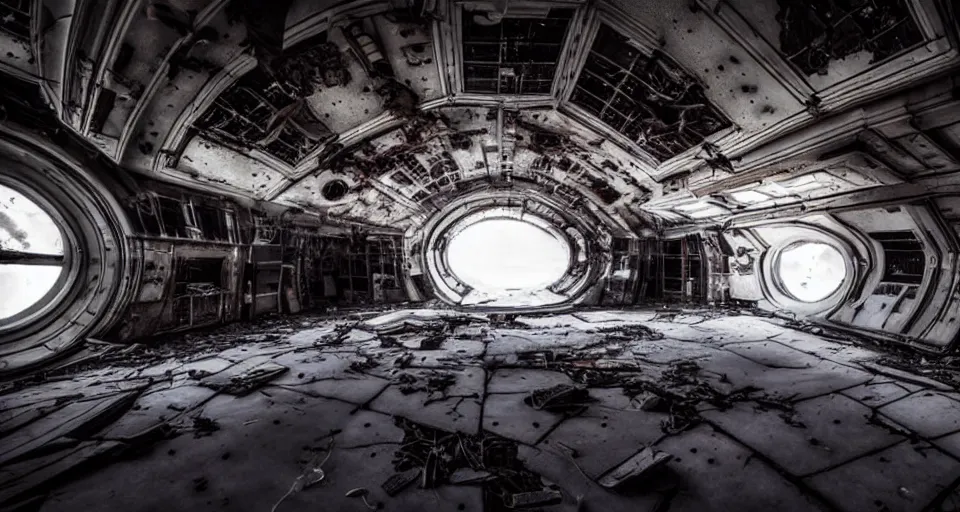 Image similar to ultra wide angle aesthetic ridley scott and denis villeneuve and gaspar noe style photography of a detailed abandoned spaceship, hyperrealism, ominous, darksynth, volumetric ambient light, 8 k