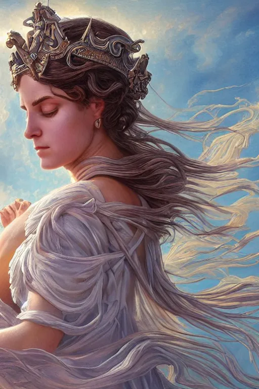 Image similar to goddess athena dancing in the wind, beautiful face, ethereal, gorgeous, volumetric lighting, elegant, fluid, highly detailed, digital painting, concept art, highly detailed, smooth, illustration, limited color palette, atmosphere and tension, art by greg olsen and liz lemon swindle