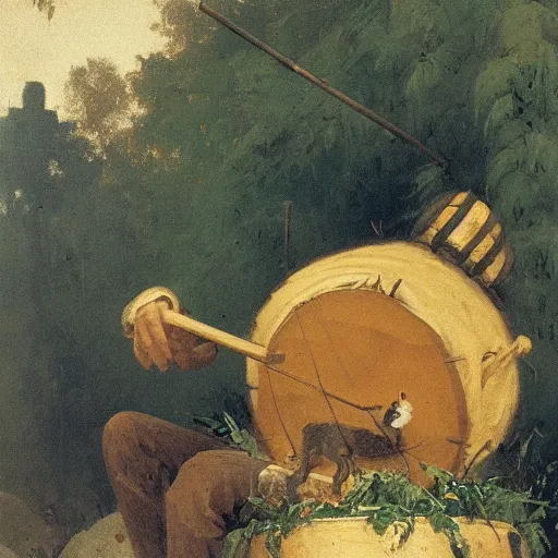 Image similar to mouse with drum, forrest background, by carl spitzweg, close up