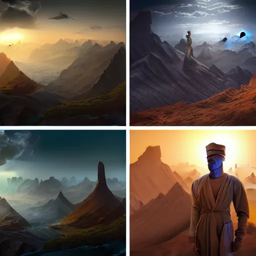 Image similar to a collage of four pictures with a man standing in the middle, a detailed matte painting by senior environment artist, behance, afrofuturism, matte painting, terragen, reimagined by industrial light and magic