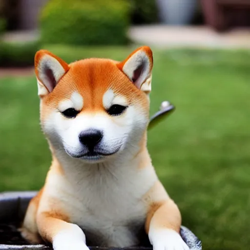 Prompt: Shiba inu puppy takes a bath