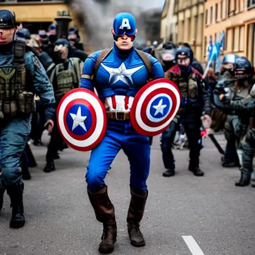 Image similar to photo of captain america fighting an edl march in a british pub