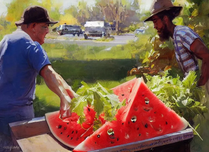 Prompt: a highly detailed beautiful portrait of a big cute spider purchasing a large watermelon, by gregory manchess, james gurney, james jean