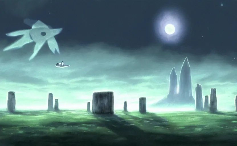 Prompt: a realistic and atmospheric cell - shaded concept art from howl's moving castle ( 2 0 0 4 ) of a ufo in the sky. a grey monk is standing in a futurist sci - fi city that looks like stonehenge in a flooded rainforest. it is a misty starry night. very dull muted colors, hd, 4 k, hq