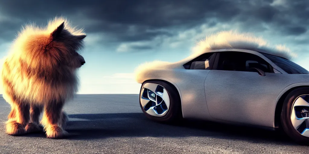 Image similar to A car with fluffy fur, futureistic, natural light, Cinematic level shot, dynamic pose, award winning photograph, photorealism, beautiful lighting, sharp, details, hyper-detailed, HDR, 8K