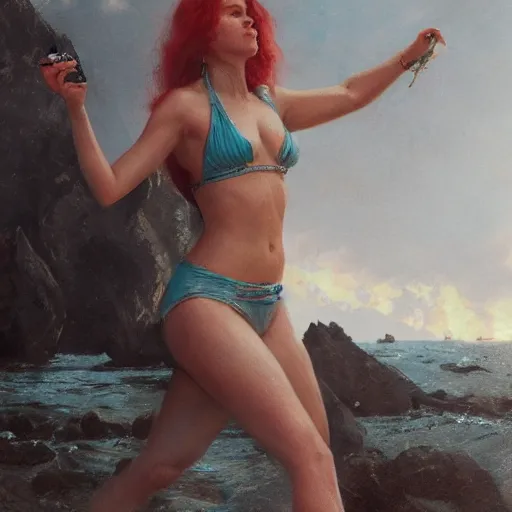 Image similar to halsey in a bikini, 8 k octane beautifully detailed render, post - processing, extremely hyper - detailed, intricate, epic composition, cinematic lighting, masterpiece, trending on artstation, masterpiece, stunning art by anders zorn, wonderful masterpiece by greg rutkowski, beautiful cinematic