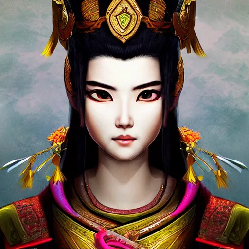 Image similar to ancient dynasty princess, dynasty warriors, cute face, 8 k beautiful, elegant, grafity, c 4 d, digital painting, smooth, concept art, in style of pan ren wei, aesthetic