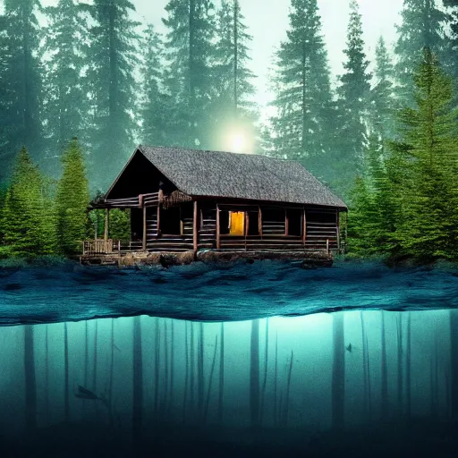 Prompt: a cabin in the woods underwater surrounded by dense trees, dark and eerie, 8k, high definition, highly detailed, photo realistic