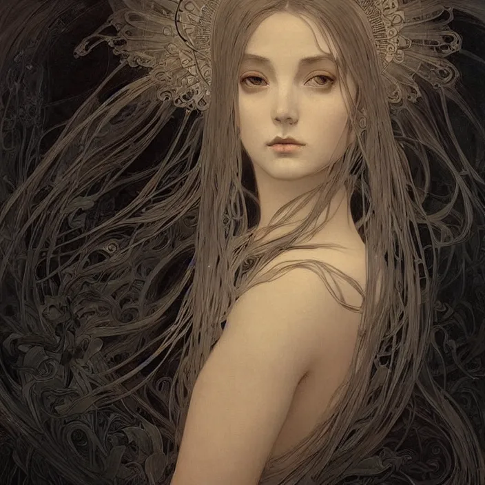 Image similar to a beautiful portrait of a beautiful! angel in black flames!! by ross tran!!! and alphonse mucha and greg rutkowski! and gustav dore! and zdzisław beksinski!, in style of digital art illustration. symmetry. highly detailed face. fantasy, smooth, hyper detailed, sharp focus, soft light. trending on artstation. 4 k