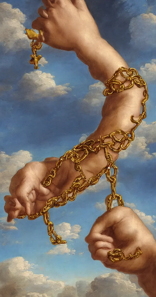 Prompt: a single hand holding a golden chain, renaissance style, realistic painting, detailed, clouds in background,