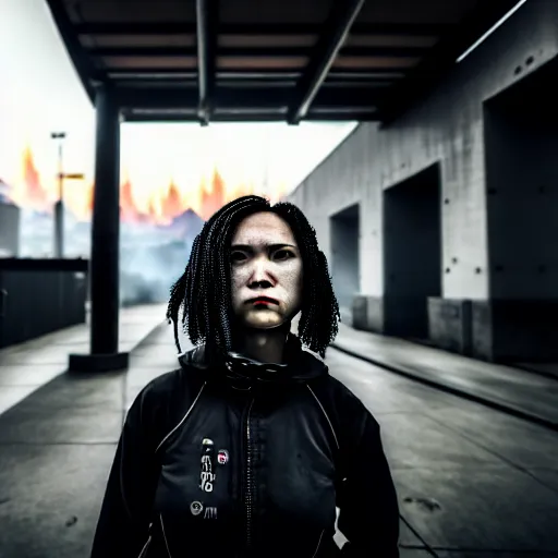 Image similar to Candid extreme wide shot of a poor techwear mixed woman with short hair and tattoos outside of a futuristic Los Angeles on fire, cyberpunk, 4k, extreme long shot, desaturated, full shot, action shot, motion blur, depth of field, sigma 85mm f/1.4, high resolution, 4k, 8k, hd, full color, award winning photography, war photography