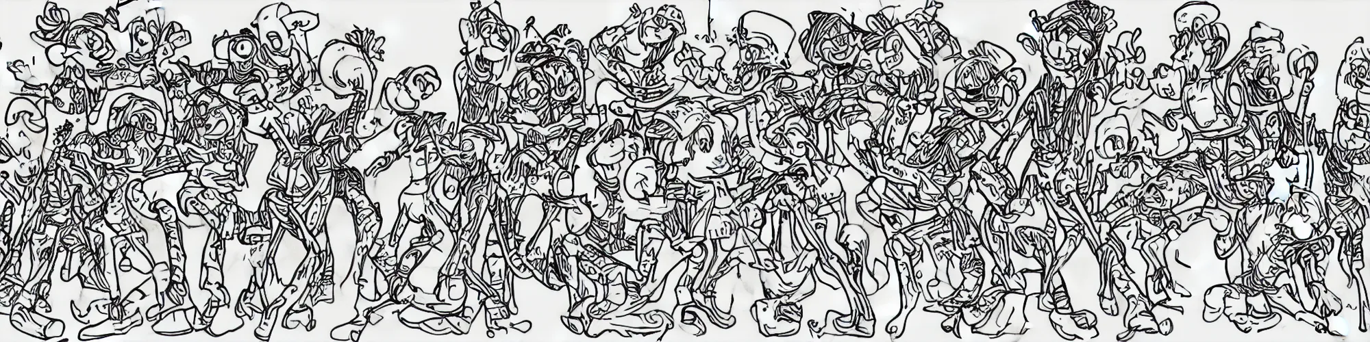 Prompt: a highly detailed line drawing of smurfs dance and long bones