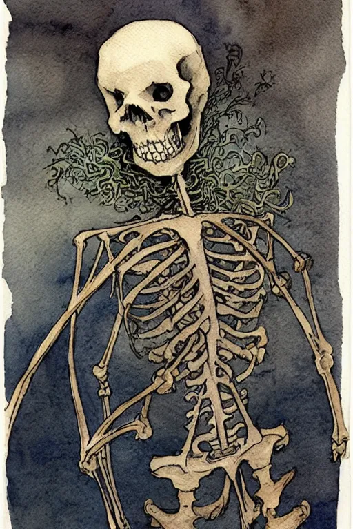 Image similar to a simple and atmospheric watercolour portrait of a skeleton king on halloween, very muted colors, by rebecca guay, michael kaluta, charles vess and jean moebius giraud