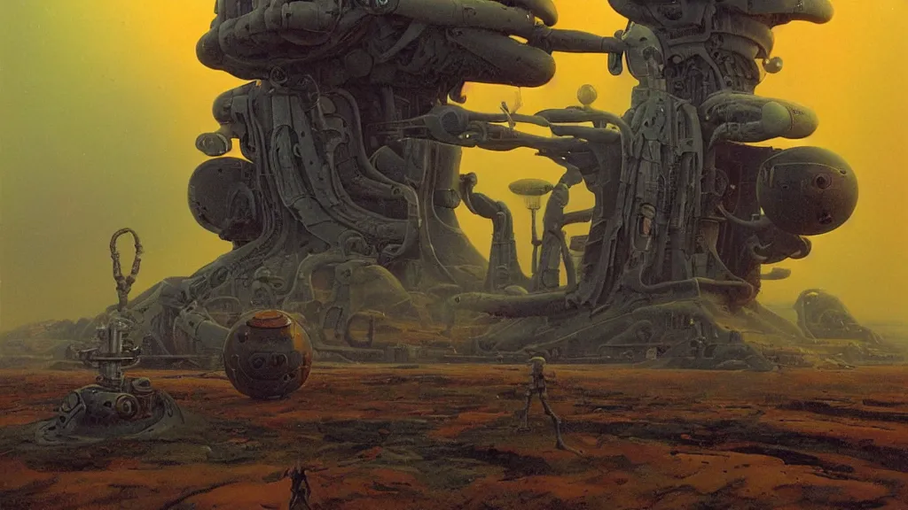 Image similar to mysterious whimsical sculpture of alien technology by paul lehr and john schoenherr and john harris, cinematic matte painting