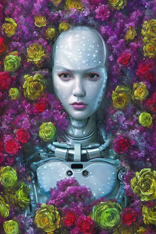 Prompt: an underwater close up of a robot made of flowers, a character portrait by vladimir tretchikoff, cgsociety, digital art, made of flowers, digital painting