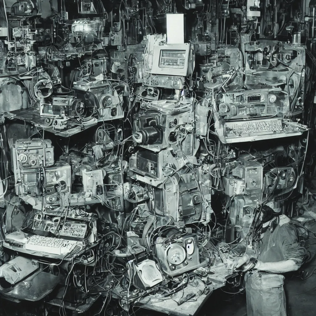 Image similar to 1 9 6 0 s full - color photo of : a complex dieselpunk mechanical metallic personal - computer built in the 1 9 4 0 s, on a workbench inside a greasy factory. its slightly - glowing crt screen is displaying a colorful gui.