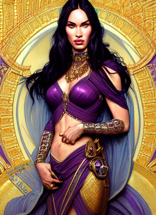 Prompt: portrait of megan fox as a queen, throne, jewelry, greek, amethyst, intricate, headshot, highly detailed, digital painting, artstation, concept art, sharp focus, cinematic lighting, illustration, art by artgerm and greg rutkowski, alphonse mucha, cgsociety