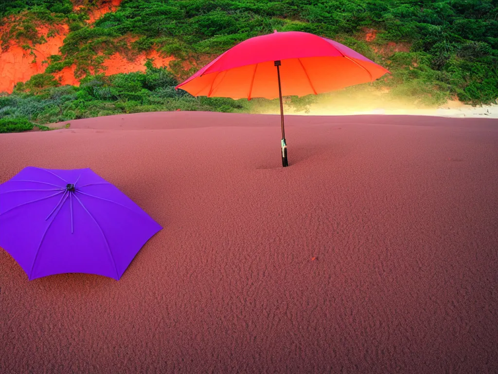 Image similar to purple umbrella, red sand beach, green ocean, nebula sunset