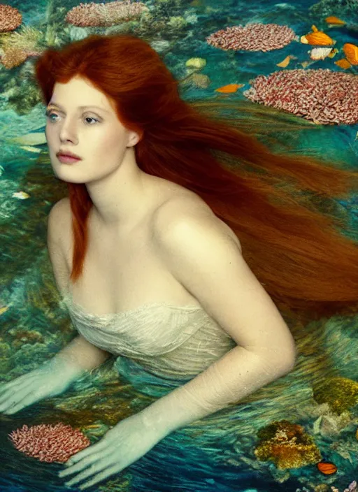 Image similar to lady laying under the sea on the seabed amongst the weeds, underwater shot, submerged, medium shot, on the bed of the river preraphaelite colour photography, 8 k