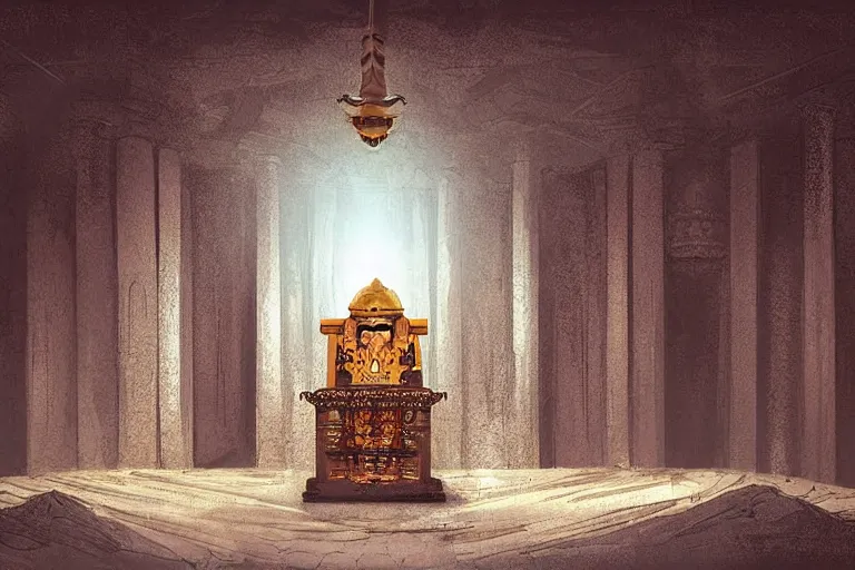 Image similar to “Ancient underground temple in dim lighting, high ceilings, with a hooded cult member facing an altar, concept art, digital painting by Shaddy Safadi”