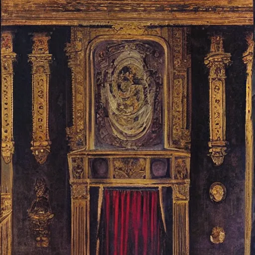 Prompt: A dark throne room with curtains by Gustave Moreau, by Georgia O keeffe