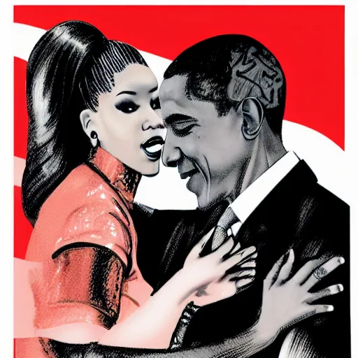 Image similar to barack obama hugging nicki minaj from behind, soviet colored propaganda poster, highly detailed illustration