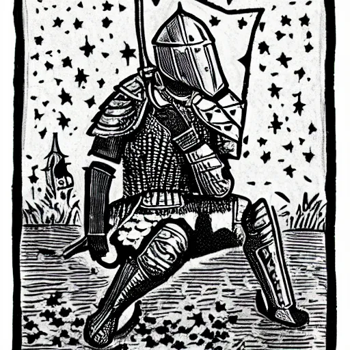 Prompt: a knight in full plate armor, sitting on his knees in a small pond, with a crumbling tower in the background, and stars in the night sky. Monochromatic, dreamlike