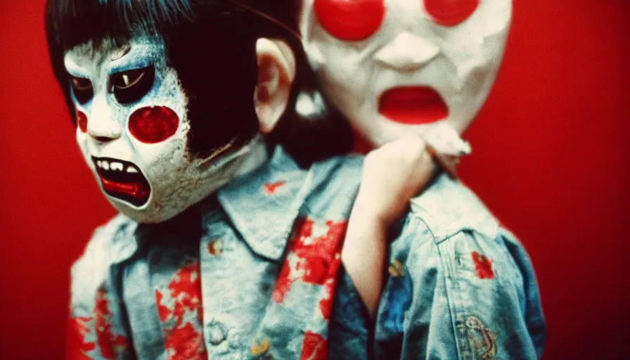 Image similar to a 7 0 s film still from a horror movie of a boy wearing a hannya mask, kodachrome, cinecolor, cinestill, film grain, film texture, retro, cinematic, high resolution, photorealism,