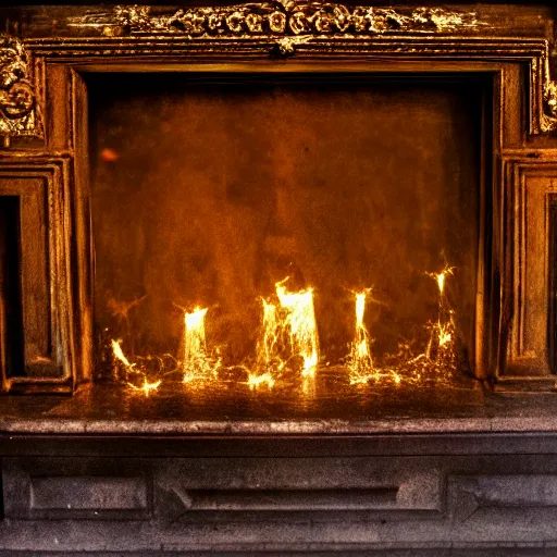 Prompt: grainy 1800s photo of an ornate fireplace that has lights swirling and sparkling in patterns inside it