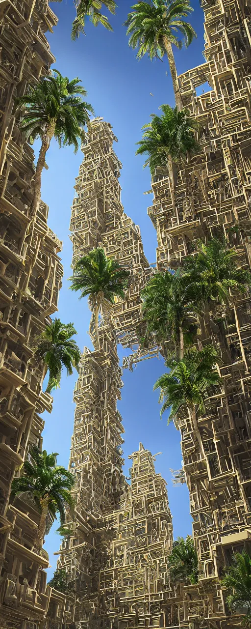 Image similar to eye level view of a contemporary babylon tower, golden intricate details, stone facade, sacred architecture, hanging gardens, cascading highrise, arid mountains with lush palm forest, photorealistic, sunlight, post - production, octane, cgi, sfx