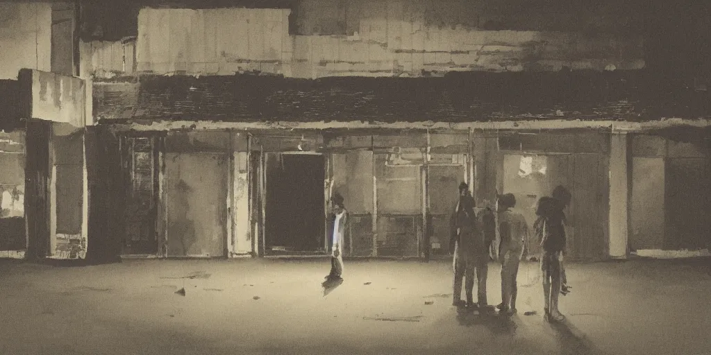 Prompt: people stanting in front of an abandoned place at night, by keita morimoto