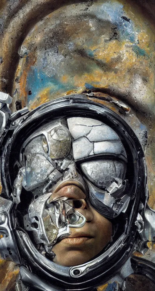 Prompt: hyperrealism oil painting, close-up portrait of cyborg, busted crushed face, broken mirrors mixed with night sky, in style of classicism