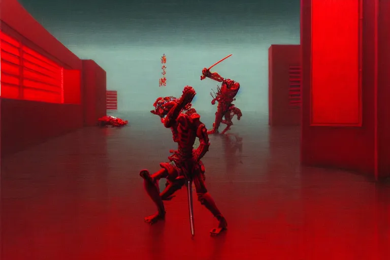 Image similar to only with red, a red cyborg samurai, tokio futuristic in background, some evil yokai fight, in the style of beksinski, parts by edward hopper, parts by rodcenko, parts by yue minjun, intricate and epic composition, red by caravaggio, insanely quality, highly detailed, masterpiece, red light, artstation, 4 k