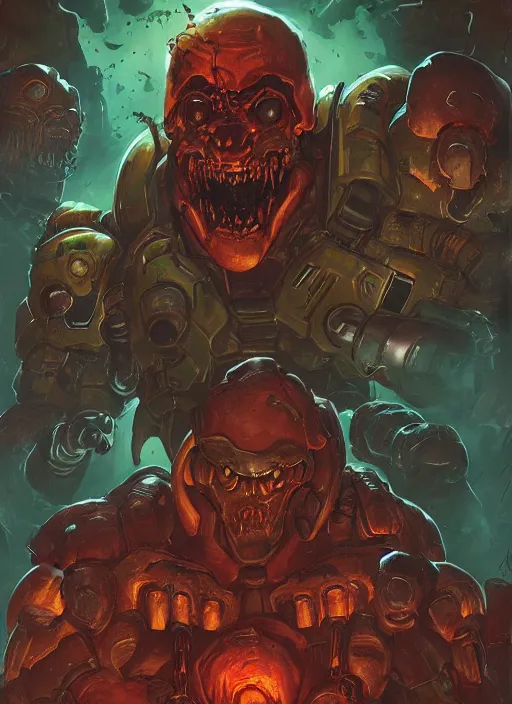 Image similar to ( doom ) cover featuring doom guy!! doom marine!! surrounded by demons, by kenneth scott, artstation, vivid gaze